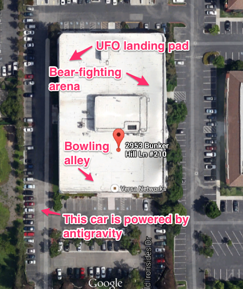 Viewed from Google Earth. We have helpfully highlighted key features of the office. You're welcome!