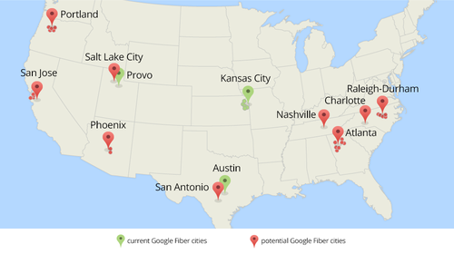 As this map from Google Fiber shows, the FTTH provider is eyeing markets across the US, especially in the SE and SW.