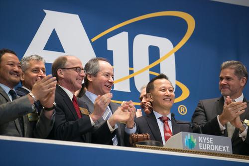 A10 Networks founder and CEO Lee Chen rings the opening bell on the New York Stock Exchange. Given the stock's tepid performance on the first day of trading, he should have just tapped the bell gently.