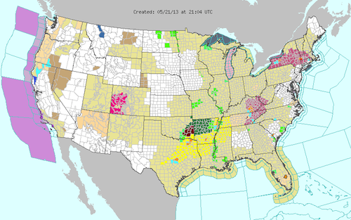 As of 5 p.m. ET Tuesday, this National Weather Service map showed parts of Arkansas, Louisiana, Mississippi, Tennessee, and Texas in a tornado watch zone, as denoted in yellow (key available here).