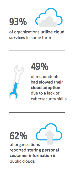 Cloud Security Wisdom With organizations increasingly moving their development activities, data and even application workloads to the cloud, they need security practitioners who know how to secure complex hybrid environments. According to one survey by Intel, 93% of organizations at this point use cloud services in one form or another and 62% store sensitive information in the cloud. Yet, just under half say that their effective use of the cloud is stymied by a lack of cybersecurity skills in this arena. Image Source: Intel