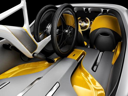 The makers of the Smart Car, which is owned by Mercedes, say the For-us has room for two people with two smart e-bikes behind them. A docking station in the vehicle's tiny cargo area enables charging of e-bike batteries.
