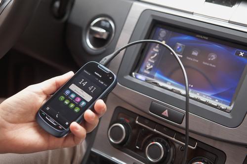 Nokia's Car Mode simplifies access to voice-guided car navigation, traffic updates, music, and voice calls through its smartphones.  (Photo courtesy of Car Connectivity Consortium.) 