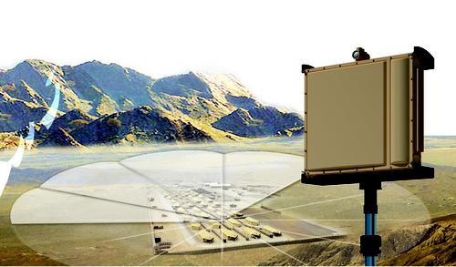A stationary frequency-modulated continuous-wave radar, the SPEXER 1000 can monitor the zone of 120 degrees  with an update rate of 1.5s. 
Photo courtesy of Cassidian