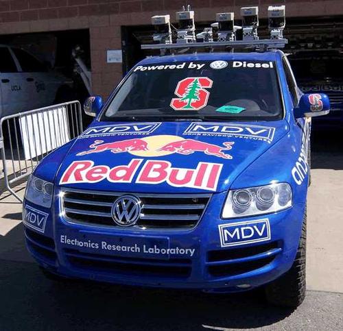 Stanford University's 'Stanley' won the 2005 Grand Challenge by finishing in six hours, 53 minutes. The Volkswagen Touareg R5 combined six laser range finders with a color camera, radar system, GPS system, and inertial navigation system. 
Photo courtesy of Stanford University