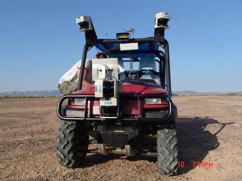 Autonomous vehicles built for the 2005 DARPA Grand Challenge by Virginia Tech University used stereo vision cameras and laser range finders to sense obstacles. 
Photo courtesy of Virginia Tech University