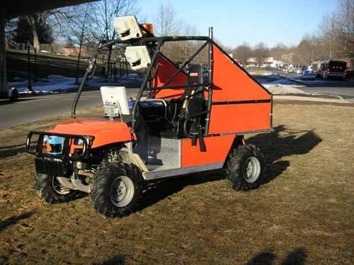 Virginia Tech's 'Cliff' autonomous vehicle used a behavior-based computing model to find its way across the DARPA Grand Challenge course. Laser measurement systems are mounted atop the vehicle's steel frame. 
Photo courtesy of Virginia Tech University