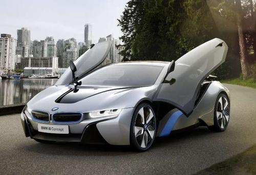 The doors of the BMW i8 plug-in hybrid swing upward like wings to provide a sporty feel.  (Photo courtesy of BMW)