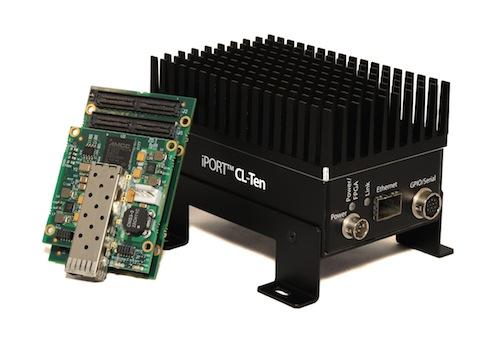 A GigE Vision machine vision network can be upgraded to 10GigE speeds and still deploy Camera Link cameras  using devices such as this iPORT CL-Ten transmitter, with two Camera Link ports and a 10GigE port.
 Source: Pleora Technologies