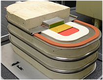 The grid storage battery uses a high-density electrode on the bottom (red), a molten salt electrolyte (yellow), 
and a low-density liquid metal (green) at the top. 
Source: Liquid Metal Battery Corp.