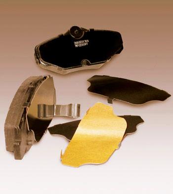 Engineering-grade, pressure-sensitive silicone adhesives such as FLEXcon's Densil for brake damping must resist dirt and moisture, temperature extremes, and corrosion by substances such as brake fluid. 
Source: FLEXcon
