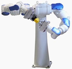 Just like people, robots do things better with two hands. More dexterous robots will be valuable in several applications, from surgery to materials handling, or even picking up samples as they walk across the surface of Mars. A step -- perhaps a grasp -- in the right direction is the small robot with two arms, two hands, and opposable thumbs described in Dual-Armed Robot Making In-Roads.  
At Automate 2011, the SDA5D lifted spherical objects from a nearby table. It's being adopted in industrial applications from logistics and palletizing to automated assembly and distribution. A larger model is deployed in automotive assembly plants and by the National Aeronautics and Space Administrtion (NASA) for space simulation operations.