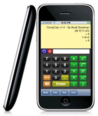 CompCalc is being promoted by its engineer developer as a hex calculator, 'tape-roll' adding machine, scientific calculator, engineering calculator, trigonometric calculator, and more. Long available on the BlackBerry, the tool is now offered on the iPhone.   (Source: Brad Goodman)