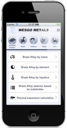 The Wesgo Metals app for the iPhone, iPad, and iPod touch helps engineers evaluate braze alloys by including the forms in which a given alloy is available, along with that alloy's mechanical properties.   (Source: Morgan Technical Ceramics)