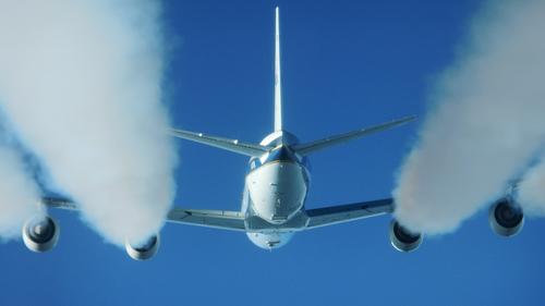 NASA's DC-8 flying laboratory will be followed by an HU-25 Falcon measuring the contrail's chemical contents to compare the environmental effects of standard JP-8 jet fuel and a blend that includes nonfood plant-based biofuel.(Source: NASA/Eddie Winstead)