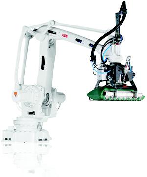 A robot package that puts together hardware, including the 4-axis IRB 460 robot shown here, and software for automating high-speed, end-of-line palletizing is easier to program and integrate into existing lines.   (Source: ABB)