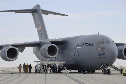 Technicians prepare a US Air Force C-17 for engine health monitoring tests as part of the Vehicle Integrated Propulsion Research program -- a collaboration by NASA, the Air Force, and Pratt & Whitney to create a sensor system for early diagnosis of engine problems. (Source: NASA) 