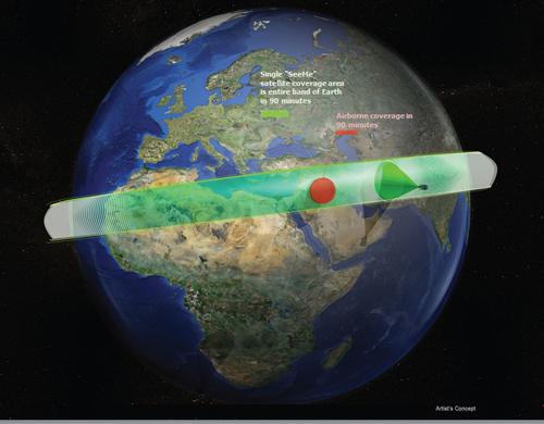 An artist's concept depicts how DARPA's SeeMe program would work. The program aims to design disposable satellite clusters that will give soldiers location-based information in places where they  would typically not have satellite coverage.   (Source: DARPA)