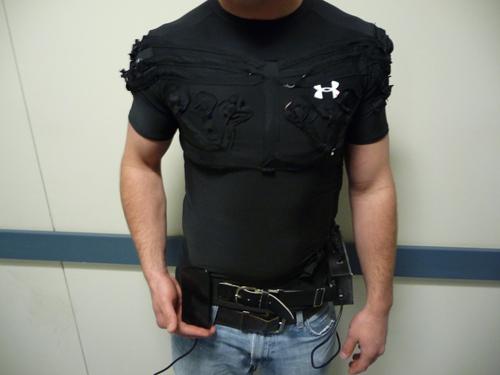 Squid is a sensitized, wearable compression shirt that integrates with a smartphone and Web database to monitor resistance exercises. Squid's 'tentacles' are strategically placed EMG (electromyography) sensors that monitor the user's muscle activation levels. The solution also includes a heart-rate monitor for a more complete view of fitness activity.   (Source: Northeastern University)
