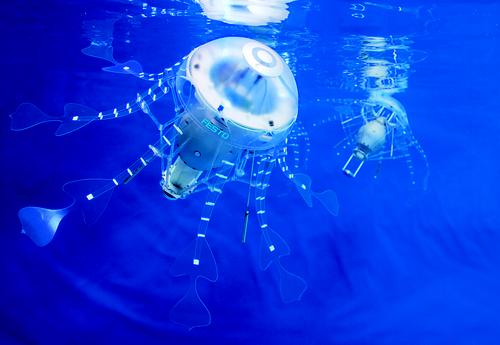 Festo's AquaJelly is an artificial, autonomous jellyfish that emulates swarming behavior with an intelligent, adaptive mechanism. It is a project in the company's Bionic Learning Network, which includes universities, institutes, and development companies that cooperate with Festo in research to adapt principles in nature to industrial applications. At the heart of the AquaJelly's structure is a central unit, a watertight laser-sintered body containing an electric motor, two lithium-ion polymer batteries, the recharging control unit, and the servomotors for the swash plate. This is surmounted by a translucent hemispherical dome that houses a control board and sensors, to which are attached eight tentacles for propulsion.   (Source: Festo)