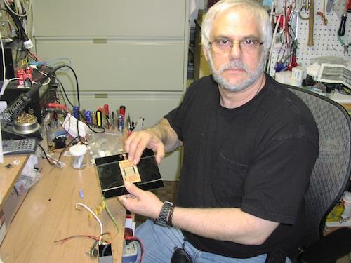 John Iovine's homemade alpha particle spark detector uses a thin tungsten ground wire and a plate charged to about 8,000 volts. 