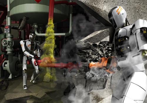 The Defense Advanced Research Projects Agency's latest Grand Challenge is its 2012 $2 million Robotics Challenge. It invites engineers to come up with humanoid ground-based robots that can work in dangerous environments, including post-disaster scenarios like the artist's conception shown here. One priority for the challenge is developing supervised autonomous robots that non-experts can operate. These robots should also work in situations with poor electronic communications, such as intermittent or low-fidelity transmission. Tasks include driving a utility vehicle, traveling dismounted across rubble, removing debris blocking an entryway, and using a tool to break through a concrete panel. The contest will ask designers to build a single robot that performs all these tasks during several challenges, which will require new designs in both robot hardware and control software. (Source: DARPA)
