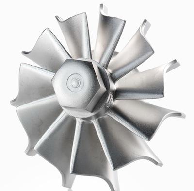 This automotive turbocharger impeller is made with BASF's Catamold catalytic debind process from the company's GHS-4 alloy, which contains iron, nickel, chromium, molybdenum, carbon, silicon, manganese, vanadium, and tungsten.