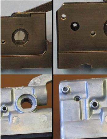 This photo provides before and after views of a part that was machined (top photos) and the same part after it was converted to die castings (bottom photos). The die cast part is able to capture much more three-dimensional detail and consistently meets close tolerances during the manufacturing process. 