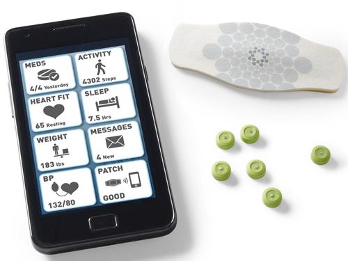 Proteus Digital Health's digital medical system includes an ingestible sensor that works with fluid in the stomach to connect with a patch worn on the skin to record the time the patient takes medication. That information is sent to a mobile application that connects to an Internet database to save the information, so patients can interact with caregivers and keep track of medicines they must take regularly. (Source: Proteus Digital Health)