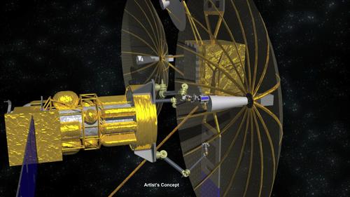 In the proposed Phoenix program, robotic arms and end effectors can decouple an antenna from its retired military communication satellite and reuse it in a new satellite, saving money, maintaining global coverage, and cleaning up space junk.   (Source: DARPA)