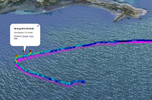 A graphic shows wind speed data from Hurricane Isaac recorded by a Wave Glider robot in the Gulf of Mexico during the storm. The Wave Glider, developed by Liquid Robotics and launched by the National Oceanic and Atmospheric Administration, is a seven-foot-long surfboard with a solar-powered boat propulsion system and sensors to collect oceanographic and weather data. (Source: Liquid Robotics)