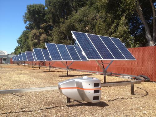 The QBotix Tracking System uses a monorail system of robots to tilt solar panels toward the sun as it moves throughout the day, replacing tracking systems that are complex and expensive to install and maintain.   (Source: QBotix)