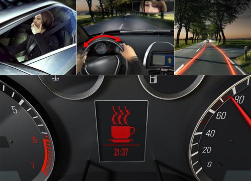 Bosch's Driver Drowsiness Detection System uses drivers' steering movements to determine if they're becoming tired. If so, it uses visual signals, such as a flashing coffee cup on the instrument panel, to suggest they take a break.   (Source: Bosch Automotive)