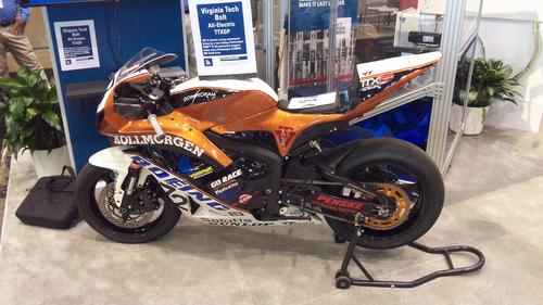 Kollmorgen showed off Virginia Tech's Battery-Operated Land Transportation (BOLT) all-electric motorcycle. The bike is powered by Kollmorgen's AKM 74 AC permanent magnet motor and an 80V Gen6 drive. The VT Bolt hits a top speed of more than 100mph using a 7.5kWh battery.