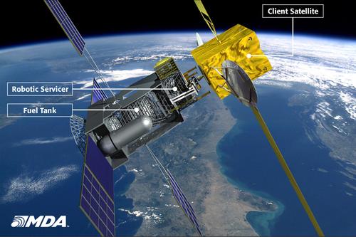 Canadian aerospace firm MacDonald, Dettwiler, and Assoc. (MDA) is working on the design of a robotic spacecraft that will function as a mobile gas station and mechanic for automatically refueling and repairing orbiting satellites. This will save those commercial and government satellites from becoming expensive pieces of space junk and cluttering up Earth's orbit. About the size of a typical communication satellite, the Space Infrastructure Servicing vehicle will be equipped with a robotic arm and a toolkit, working in a remote-controlled mode and carrying out other tasks semi-autonomously.
  (Source: MDA)
