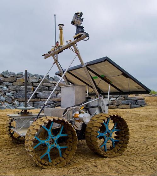 The full-sized Artemis moon rover weighs 230kg (507.06 pounds) and can carry payloads of up to 150kg (330.69 pounds). It has a maximum speed of 4kph (2.49mph). The four-wheel drive and specialized wheel system make it easy to operate in tight spaces. Like a tank, Artemis' wheels use skid-steering to turn. The wheels on one side of the rover push, while the wheels on the opposite side pull. This lets the rover spin a full 360 degrees in place. Onboard solar panels power scientific instruments, including multiple types of sensors. The rover can be operated remotely or at short range, and it completed its first field trials in July. (Source: Canadian Space Agency)
