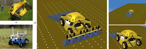 Illustration of the synergy obtained by combining the commercial remote controlled Spider (top left) with the autonomous AgRobot research platform (top left) from The Danish Institute of Agricultural Sciences, Department of Agricultural Engineering. The vision is the Spider mounted with the HortiBot accessory kit, which transform it into a tool carrier for high-tech weeding for example of organic grown onions (middle). The bottom picture shows the delivery from this project -- a robust and simple tool carrier of e.g. a laser weeding tool for the outdoor gardener.   (Source: http://www.hortibot.dk/)