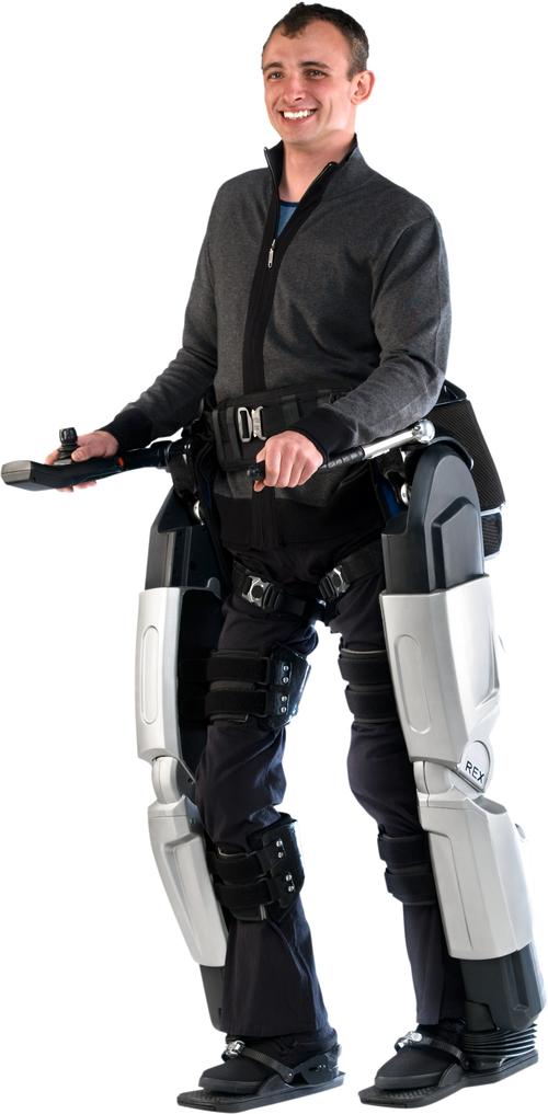 The Rex Exoskeleton lets people with impaired mobility (such as those confined to wheelchairs) stand up and walk. Patients use a control pad and a joystick to control 29 onboard processors that determine their balance and leg movements. The exoskeleton consists of a set of leg braces, straps, and a harness, all powered by a battery pack. With their hands free, users can stand, sit, turn, and walk on flat surfaces, slopes, and stairs. A fully charged battery pack allows walking for up to two hours. The exoskeleton, made by Rex Bionics of New Zealand, weighs 84 pounds (38kg). (Source: Rex Bionics)
