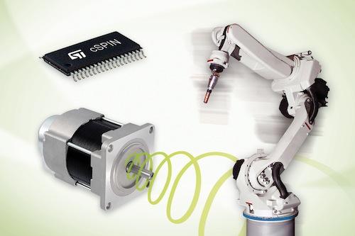 The cSPIN, STMicroelectronics' new single-chip motion controller, allows for the design of equipment such as robotics and industrial machines with quieter, smaller, and lighter precision movement and positioning systems, according to the company.   (Source: STMicroelectronics)