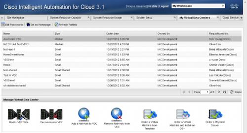 A new version of Cisco System's software for automating the management and security of data and assets in the cloud features a new virtual datacenter feature (shown) that allows a company's internal project teams or divisions to provision their own pool of cloud reasons exclusively for their use. This, and other features, help companies intelligently automate the protection of cloud assets, the company said.   (Source: Cisco Systems)