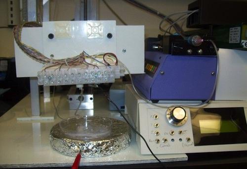 Hybrid 3D printer utilizes low cost ink jet printer and an electrospinning machine allows for the building of organic and synthetic materials.   (Source: Wake Forest Institute for Regenerative Medicine)
