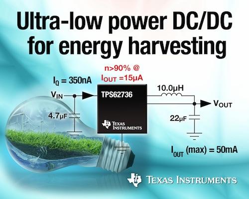 A graphic displays how Texas Instruments' new ultra-low-power converter harvests energy to help designers create more efficient electronics. The TPS62736 DC/DC step-down converter can be used to create battery-free applications such as wireless sensor networks, monitoring systems, smoke detectors, wearable medical devices, and mobile accessories. (Source: Texas Instruments)