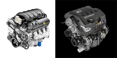 GM's new 5.3L V8 EcoTec engine, left, boosts fuel efficiency by using cylinder deactivation to act as a four-cylinder engine at light loads. Ford's 3.5L EcoBoost engine, right, boosts performance by using twin-turbocharger technology to create a more dense mix of air and fuel in each cylinder.  (Source: GMC, left; Ford Motor Co., right)