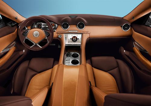 The 2012 Karma's front center console uses three types of interior wood trim 'reclaimed from California forest fires and windstorms and raised off Michigan lake bottoms.'   (Source: Fisker Automotive)