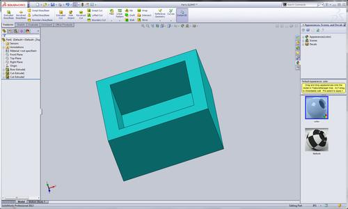 I drew a simple pocketed box in SolidWorks 2013. This could act as an enclosure, tray, etc. This particular part could be 3D printed with ease. 