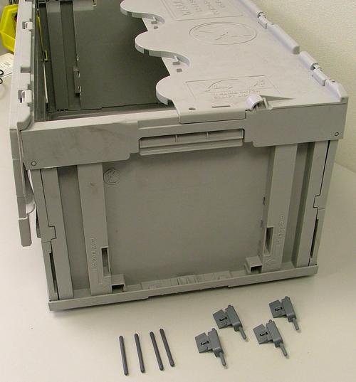 All accessory components of Schaefer's CF Collapsible Containers line of totes are made of the same material as the box. This eliminates the possibility of material cross-contamination that can arise from using metal rod hinges or nylon pivot pins.   (Source: Schaefer Systems International)
