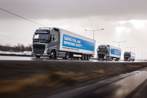 A fleet of trucks from major manufacturers drove themselves across Europe completing a week of autonomous driving as part of an initiative by the Netherlands during its 2016 EU Presidency. Image courtesy of Volvo and the European Truck Platooning Challenge) 
 