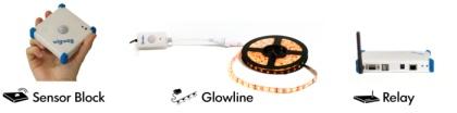 WigWag's first three products (from left) are a universal sensor, an LED light strip, and a relay box.