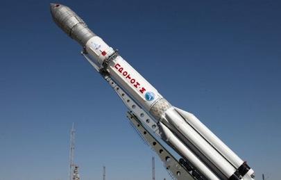 A Proton-M booster rocket with a DM-03 upper stage and three Russian GLONASS-M satellites sits on the Baikonur Cosmodrome launch pad.(Source: RIA Novosti/Roskosmos press service)