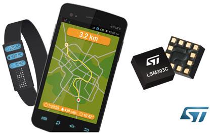STMicroelectronics says its 2x2mm LSM303C is the world's smallest MEMS compass. It combines a three-axis magnetometer with a three-axis accelerometer for ultra-precise 16-bit, six-axis resolution.(Source: ST)